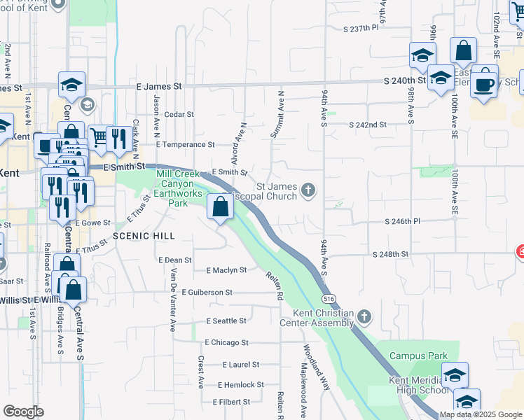 map of restaurants, bars, coffee shops, grocery stores, and more near 102 Summit Avenue North in Kent