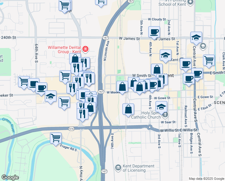 map of restaurants, bars, coffee shops, grocery stores, and more near 102 Madison Avenue in Kent