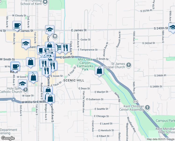 map of restaurants, bars, coffee shops, grocery stores, and more near 108 Kensington Avenue South in Kent