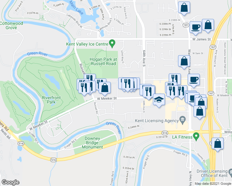 map of restaurants, bars, coffee shops, grocery stores, and more near 1711 West Meeker Street in Kent