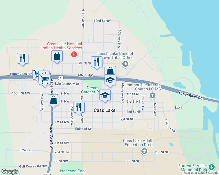 map of restaurants, bars, coffee shops, grocery stores, and more near 15 4th Street Northwest in Cass Lake