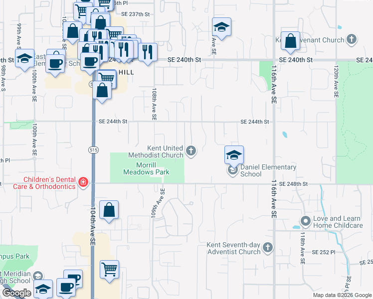 map of restaurants, bars, coffee shops, grocery stores, and more near 24430 110th Avenue Southeast in Kent
