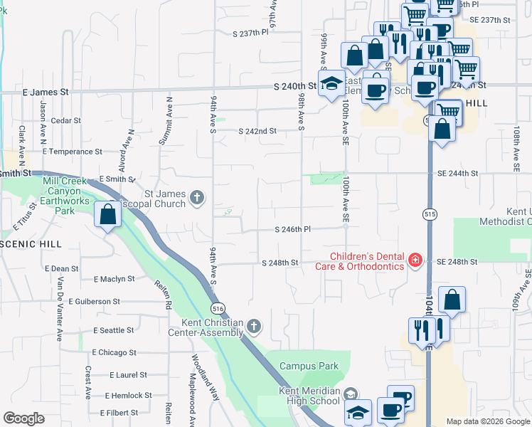 map of restaurants, bars, coffee shops, grocery stores, and more near 24506 96th Avenue South in Kent