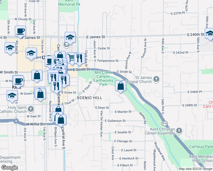 map of restaurants, bars, coffee shops, grocery stores, and more near 106 Kensington Avenue South in Kent