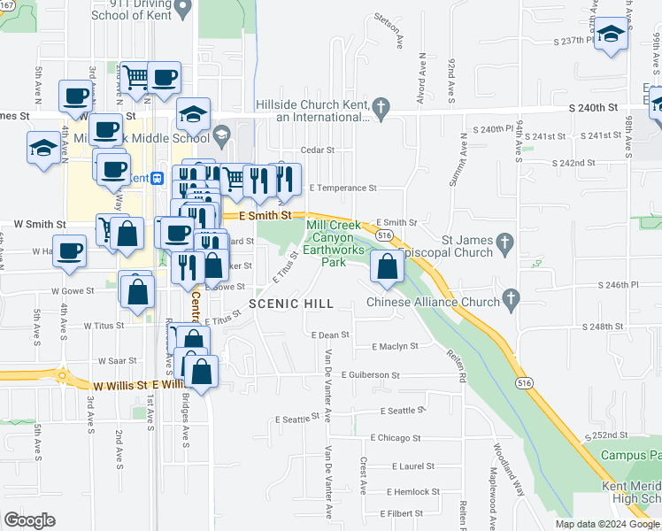 map of restaurants, bars, coffee shops, grocery stores, and more near 106 Kensington Avenue South in Kent