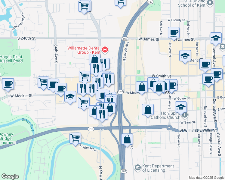 map of restaurants, bars, coffee shops, grocery stores, and more near 1103 West Meeker Street in Kent