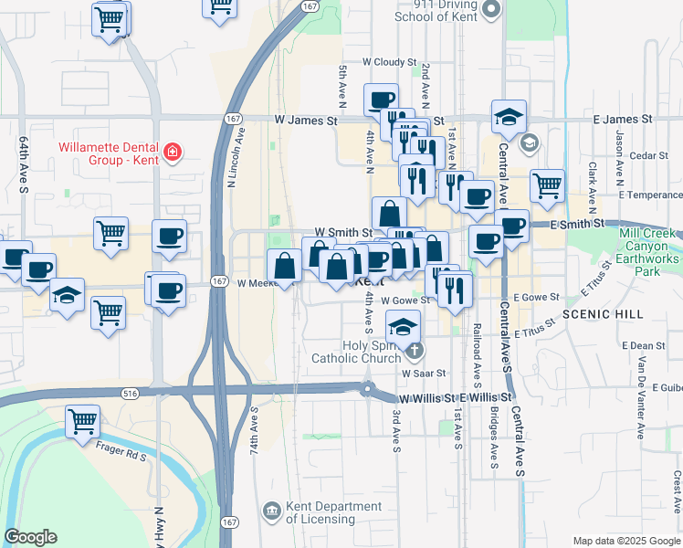 map of restaurants, bars, coffee shops, grocery stores, and more near 625 West Meeker Street in Kent