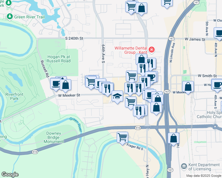 map of restaurants, bars, coffee shops, grocery stores, and more near 24510 64th Avenue South in Kent