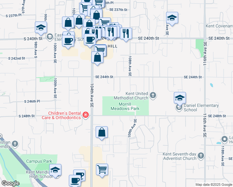 map of restaurants, bars, coffee shops, grocery stores, and more near 10637 SE 244th St in Kent
