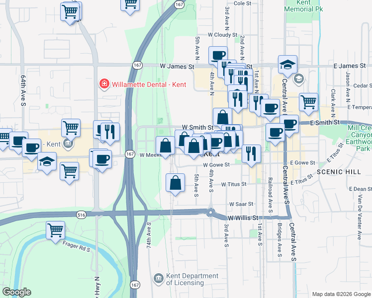 map of restaurants, bars, coffee shops, grocery stores, and more near 708 West Harrison Street in Kent