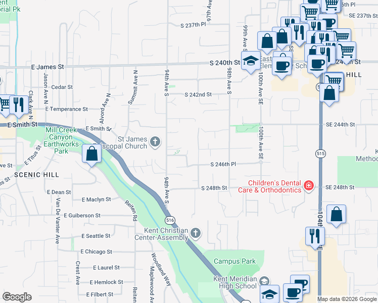 map of restaurants, bars, coffee shops, grocery stores, and more near 24440 94th Avenue South in Kent