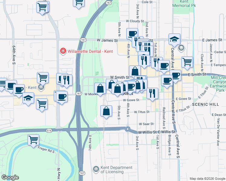 map of restaurants, bars, coffee shops, grocery stores, and more near 708 West Harrison Street in Kent