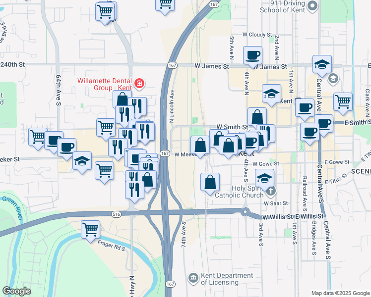 map of restaurants, bars, coffee shops, grocery stores, and more near 117 Madison Avenue in Kent