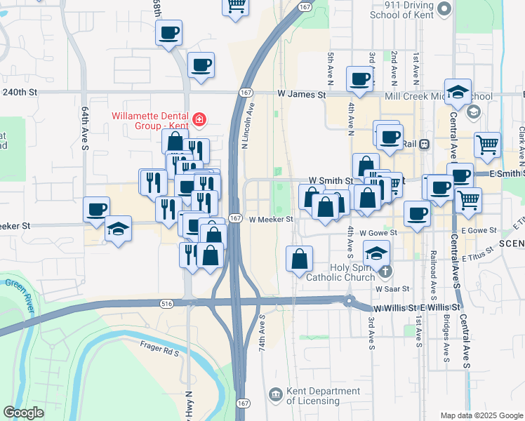 map of restaurants, bars, coffee shops, grocery stores, and more near 117 Madison Avenue in Kent