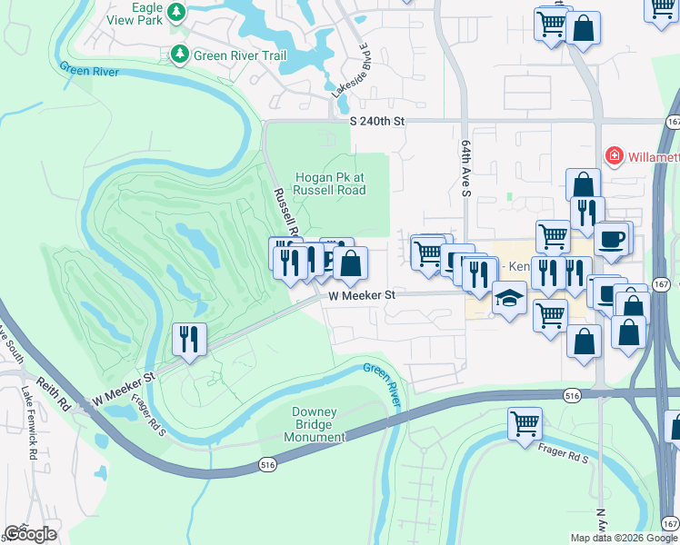 map of restaurants, bars, coffee shops, grocery stores, and more near 24440 Russell Road in Kent