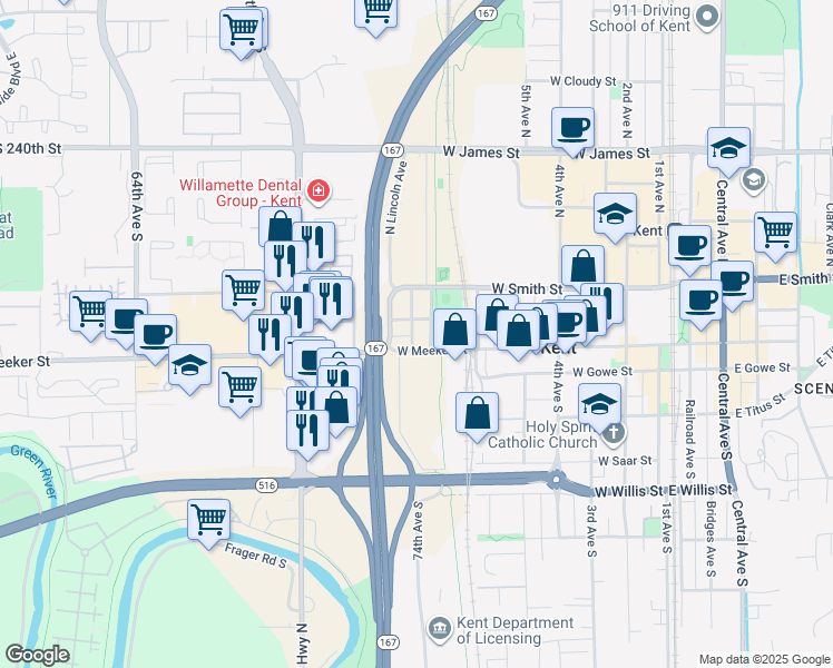 map of restaurants, bars, coffee shops, grocery stores, and more near 102 Madison Avenue in Kent