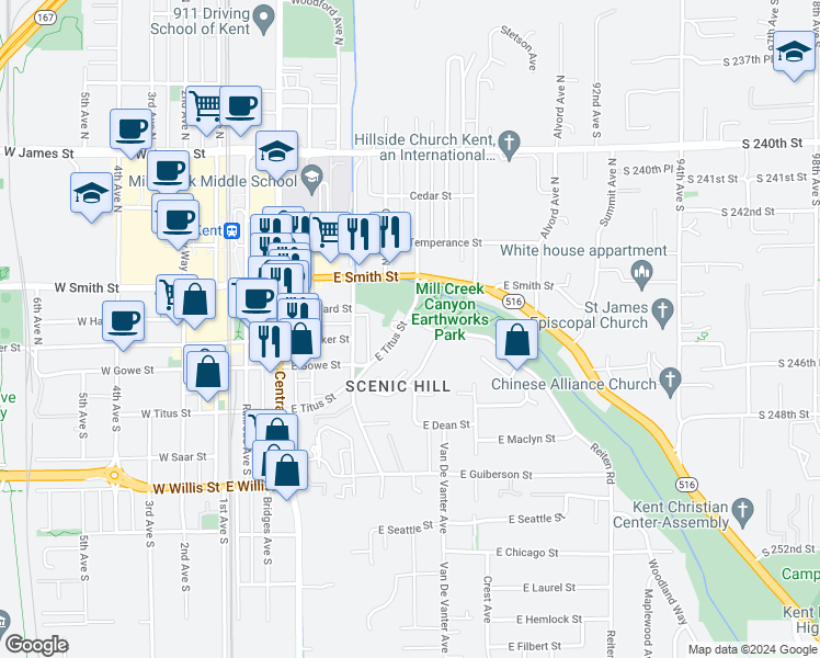 map of restaurants, bars, coffee shops, grocery stores, and more near 634 East Titus Street in Kent