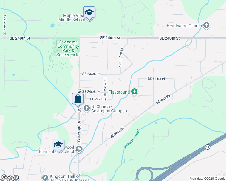 map of restaurants, bars, coffee shops, grocery stores, and more near 18326 Southeast 246th Street in Covington