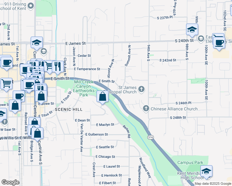 map of restaurants, bars, coffee shops, grocery stores, and more near 9013 Canyon Drive in Kent