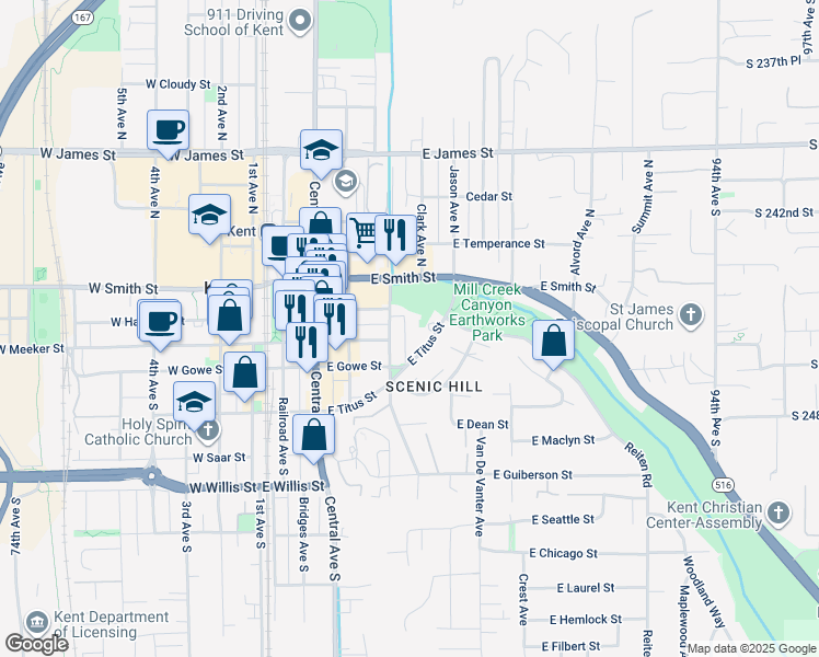 map of restaurants, bars, coffee shops, grocery stores, and more near 112 Kennebeck Avenue North in Kent