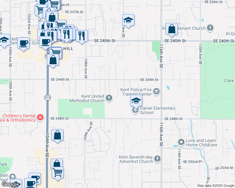 map of restaurants, bars, coffee shops, grocery stores, and more near 24515 111 Avenue Southeast in Kent