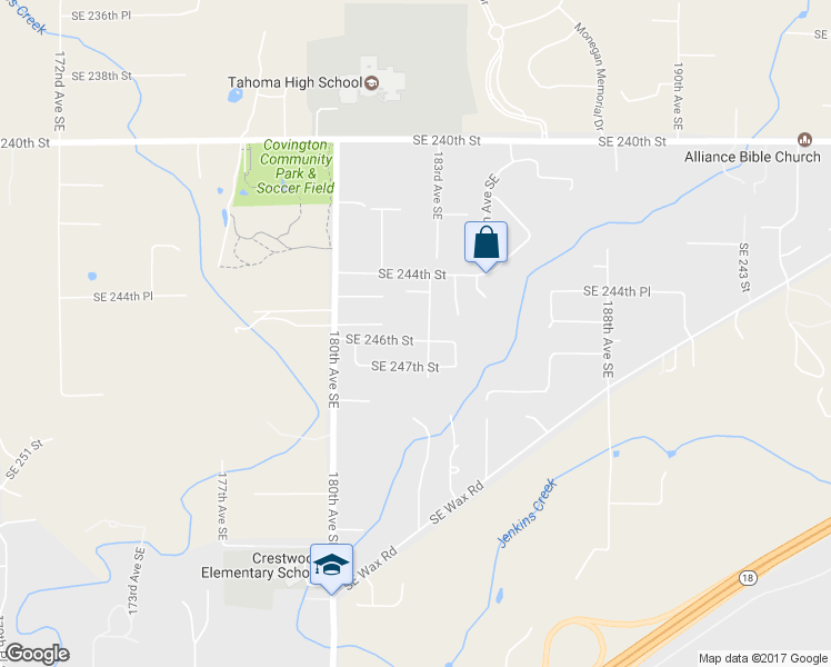 map of restaurants, bars, coffee shops, grocery stores, and more near 18214 Southeast 246th Street in Covington