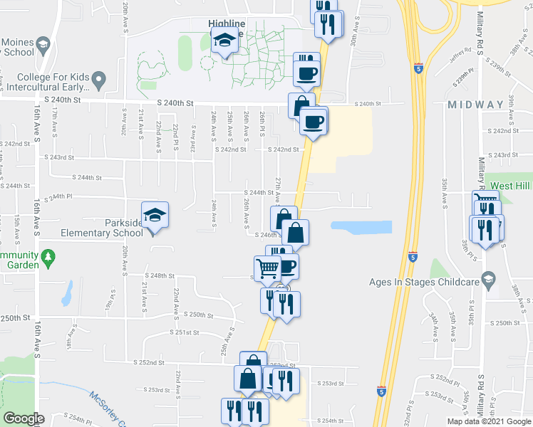 map of restaurants, bars, coffee shops, grocery stores, and more near 24500 26th Place South in Des Moines