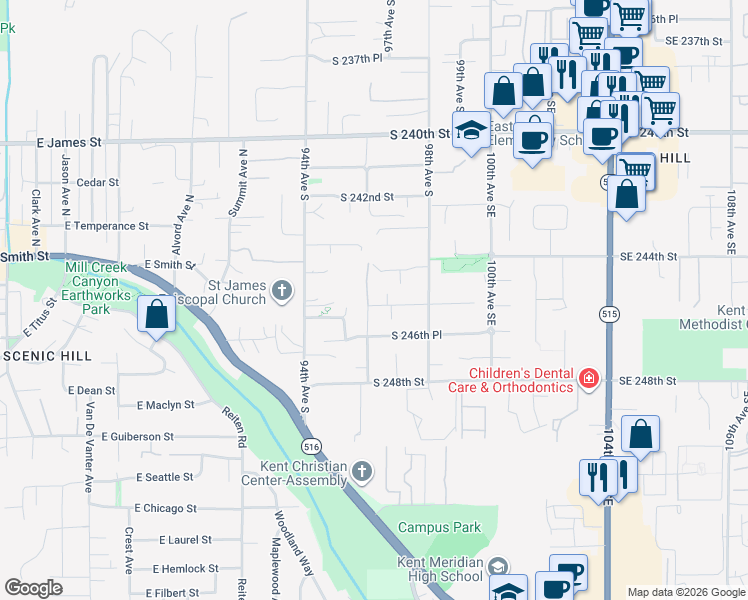 map of restaurants, bars, coffee shops, grocery stores, and more near 24506 96th Avenue South in Kent