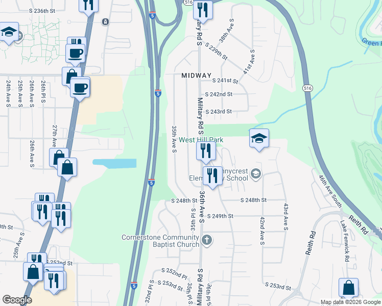 map of restaurants, bars, coffee shops, grocery stores, and more near 24426 35th Place South in Kent