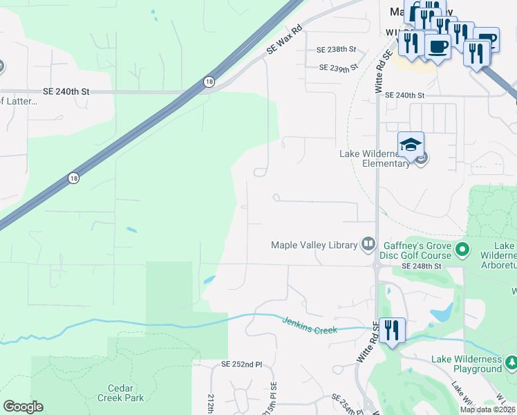 map of restaurants, bars, coffee shops, grocery stores, and more near 21515 Southeast 245th Street in Maple Valley