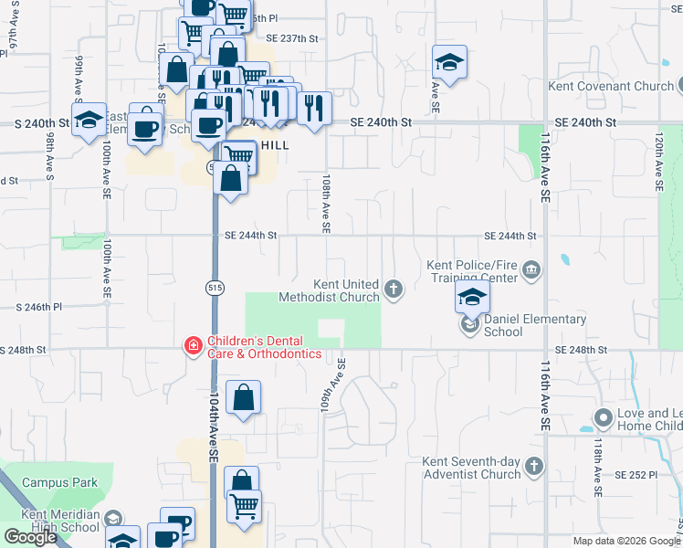 map of restaurants, bars, coffee shops, grocery stores, and more near 24516 108th Place Southeast in Kent