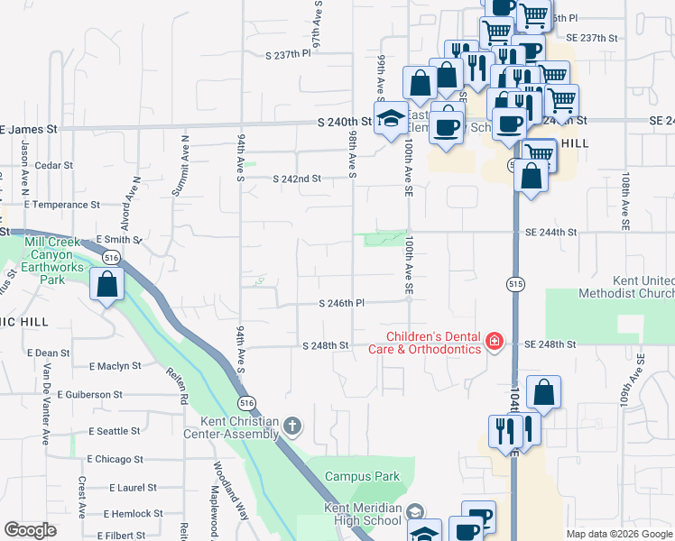 map of restaurants, bars, coffee shops, grocery stores, and more near 9712 South 245th Place in Kent