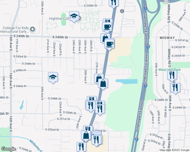 map of restaurants, bars, coffee shops, grocery stores, and more near 24500 26th Place South in Des Moines