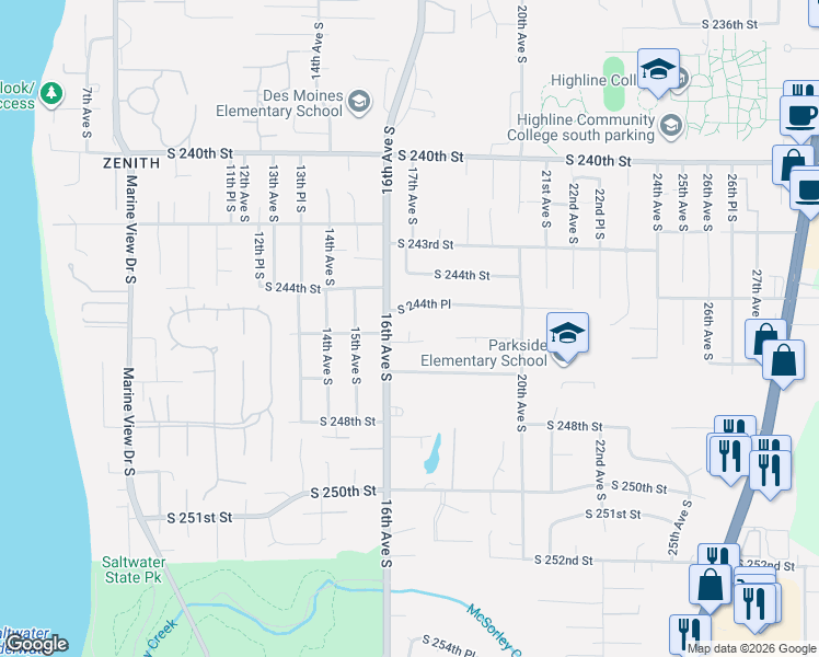map of restaurants, bars, coffee shops, grocery stores, and more near 1602 South 245th Place in Des Moines