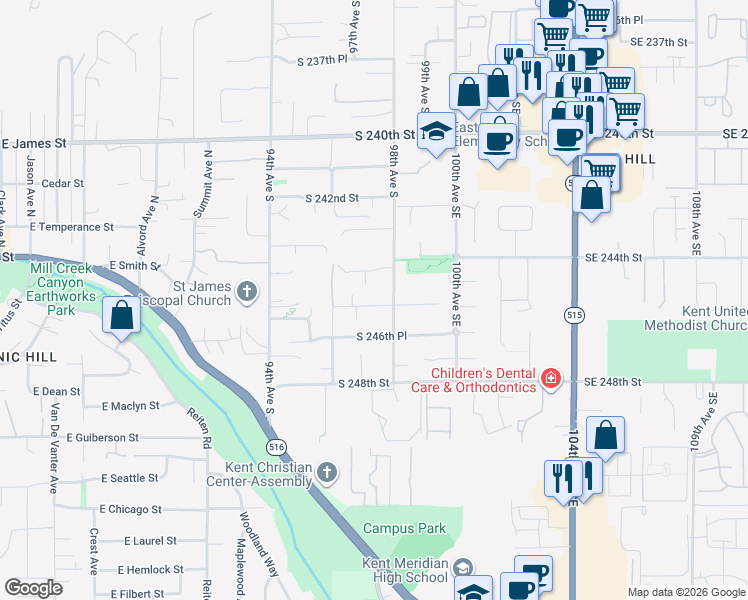 map of restaurants, bars, coffee shops, grocery stores, and more near 9712 South 245th Place in Kent
