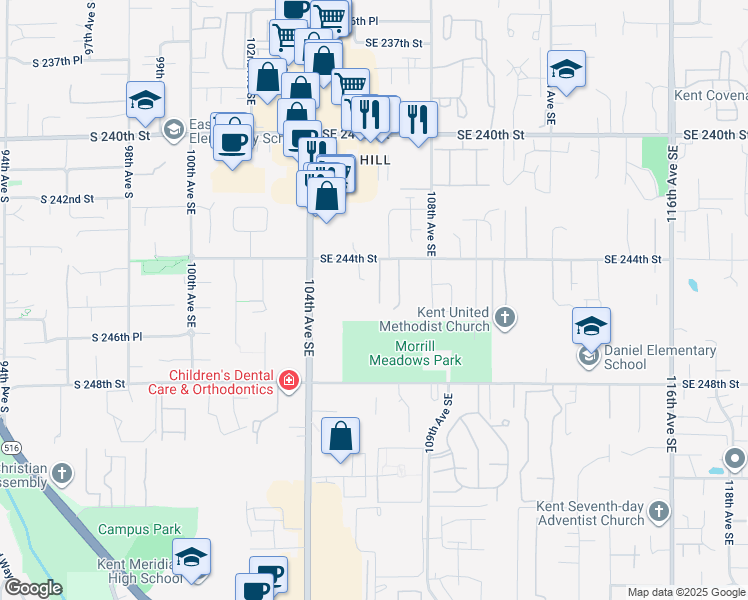 map of restaurants, bars, coffee shops, grocery stores, and more near 10637 Southeast 244th Street in Kent