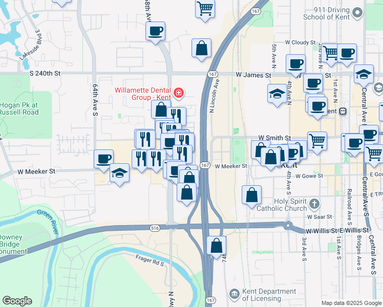map of restaurants, bars, coffee shops, grocery stores, and more near 1103 West Meeker Street in Kent