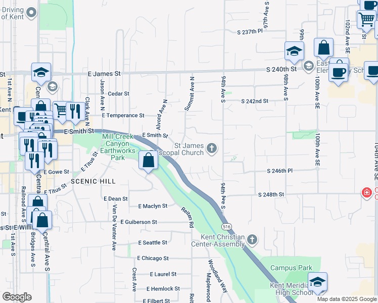 map of restaurants, bars, coffee shops, grocery stores, and more near 132 Summit Avenue North in Kent