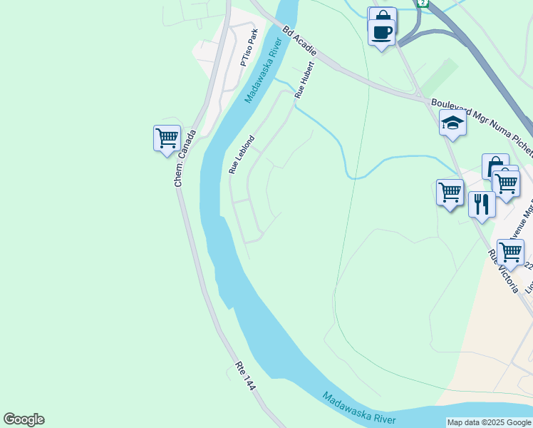 map of restaurants, bars, coffee shops, grocery stores, and more near 6 Rue Louise in Edmundston