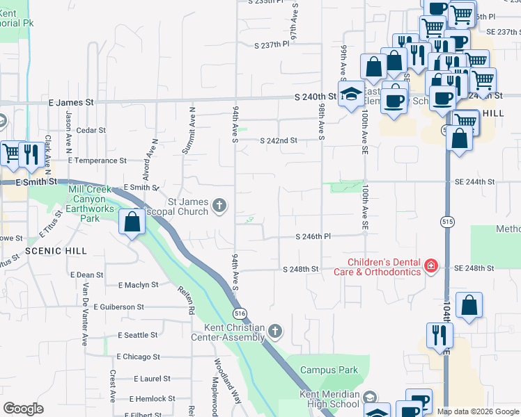 map of restaurants, bars, coffee shops, grocery stores, and more near 24440 94th Avenue South in Kent