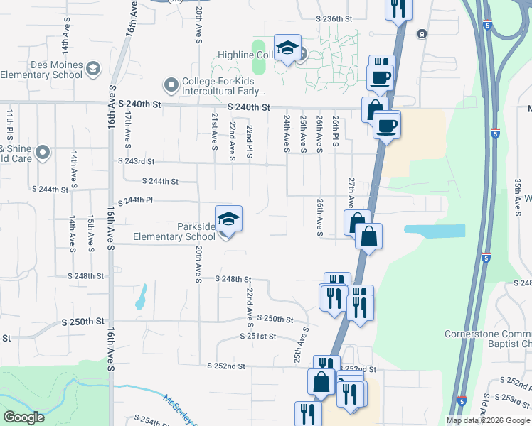 map of restaurants, bars, coffee shops, grocery stores, and more near 24424 23rd Avenue South in Des Moines