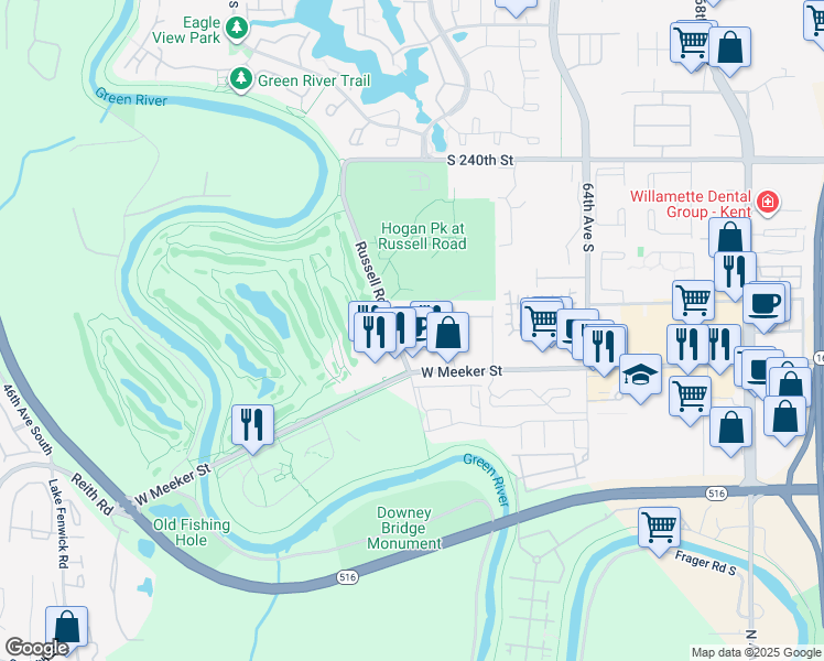 map of restaurants, bars, coffee shops, grocery stores, and more near 24500 Russell Road in Kent