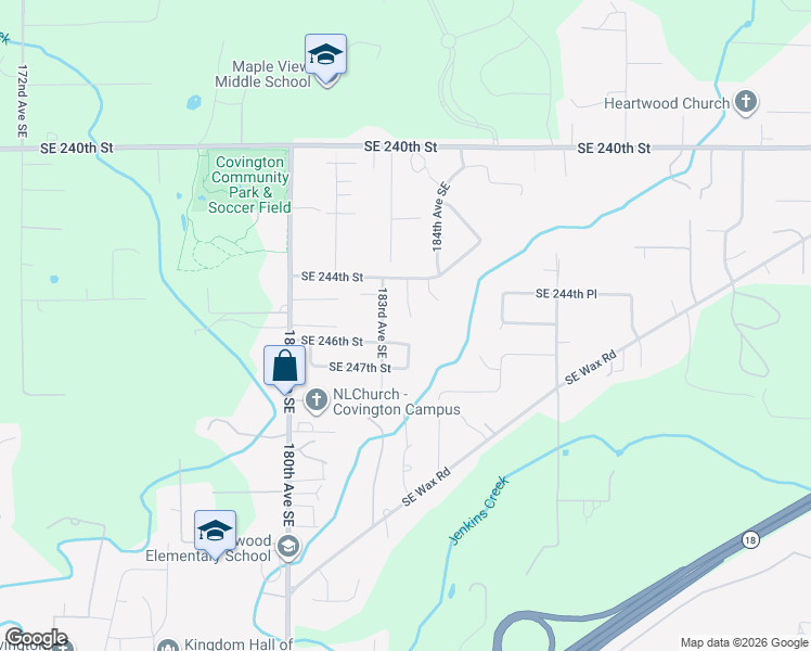 map of restaurants, bars, coffee shops, grocery stores, and more near 24509 183rd Court Southeast in Covington