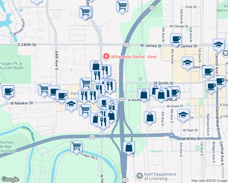 map of restaurants, bars, coffee shops, grocery stores, and more near 1103 West Meeker Street in Kent