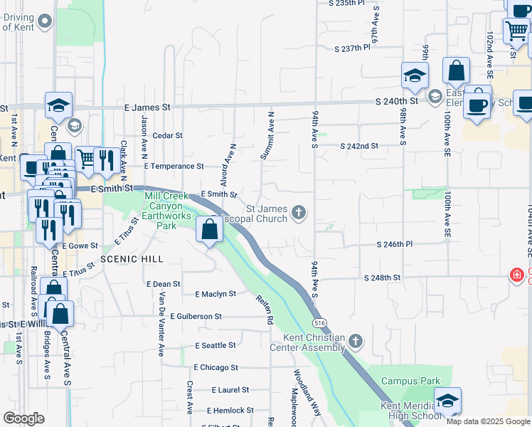 map of restaurants, bars, coffee shops, grocery stores, and more near 140 Summit Avenue North in Kent