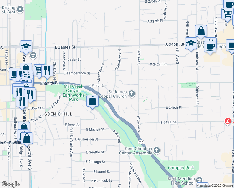 map of restaurants, bars, coffee shops, grocery stores, and more near 140 Summit Avenue North in Kent