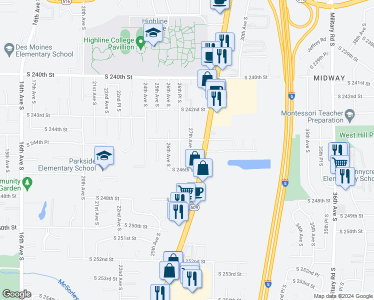 map of restaurants, bars, coffee shops, grocery stores, and more near 24500 26th Place South in Des Moines