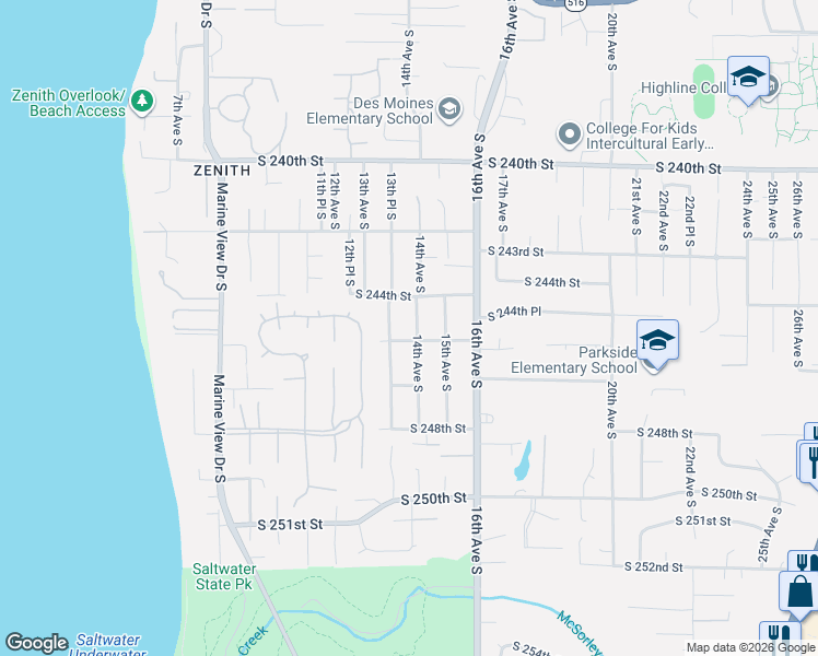 map of restaurants, bars, coffee shops, grocery stores, and more near 24427 14th Avenue South in Des Moines