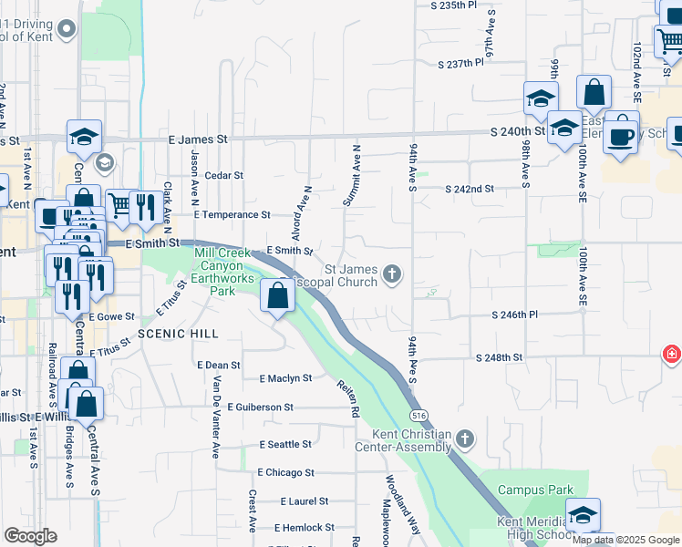 map of restaurants, bars, coffee shops, grocery stores, and more near 132 Summit Avenue North in Kent