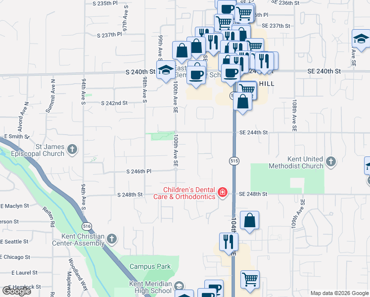 map of restaurants, bars, coffee shops, grocery stores, and more near 10019 Southeast 244th Court in Kent
